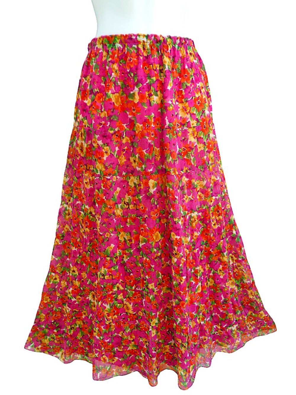 SiLK Vintage Anne Klein Vibrant Pink Floral Tiered Midi Skirt Smocked Waistband
